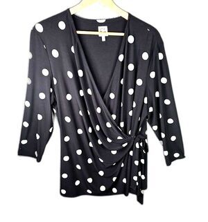 Anne Klein Faux Wrap Top Black White Polka Dot XXL Stretch Knit 3/4 Sleeve